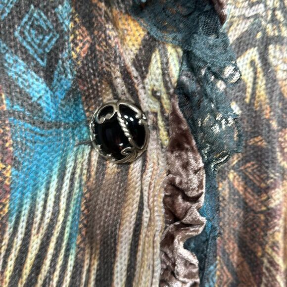 Alberto Makali Multicolor Abstract Animal Print Ruffle Trim Jacket Size L Boho - Picture 10 of 15